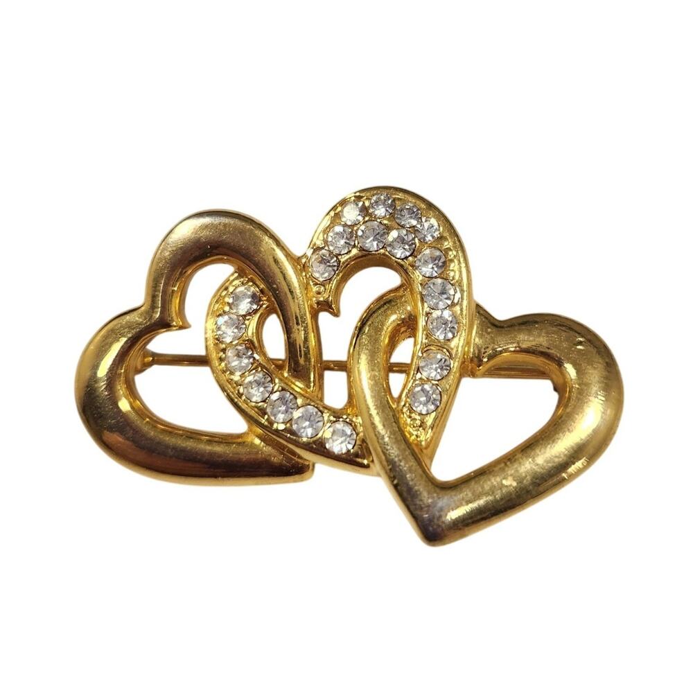 Vintage 80s Rhinestone Triple Heart Intertwined Brooch